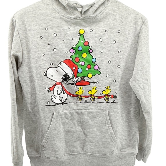 Peanuts Tops - Peanuts Snoopy Christmas Tree Woodstock Hoodie Sweatshirt Light Gray Pullover L
